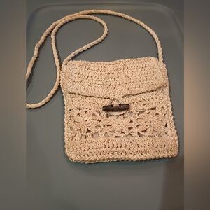 Handcrafted Boho Cream Crochet Crossbody Bag with wooden clasp A-126